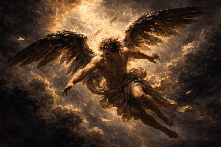 Ángel caído descendiendo entre nubes, tradición religiosa cristiana