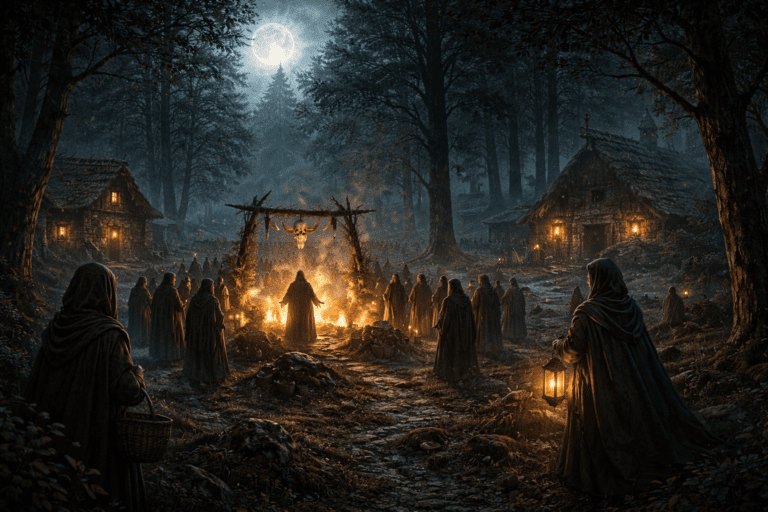 Bosque medieval nocturno evocando el origen del término aquelarre