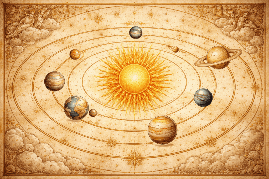Diagrama heliocéntrico del sistema solar según Copérnico