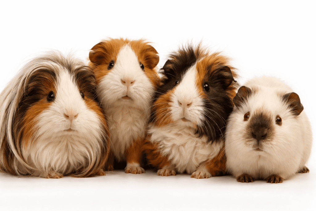Diferentes razas de cobayas o cuyes, mascotas populares
