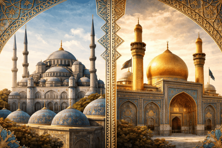 Dos mezquitas representando las ramas sunita y chiíta del islam