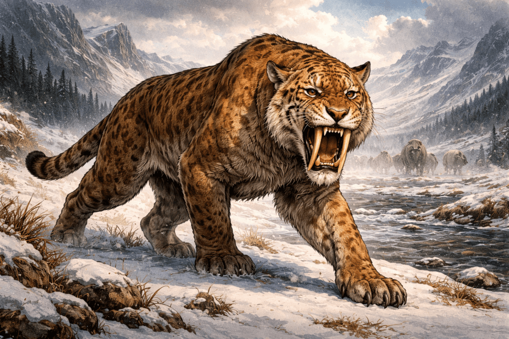 El tigre dientes de sable o Smilodon en su hábitat prehistórico