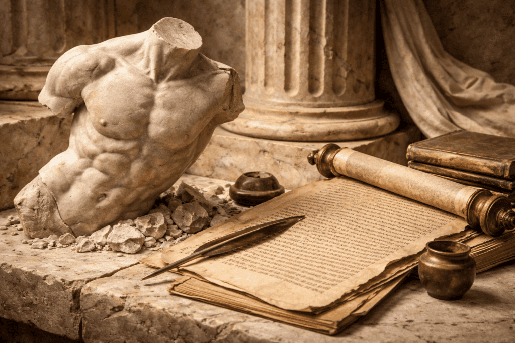 Escultura clásica y manuscrito romano que ilustran la frase Mens sana in corpore sano