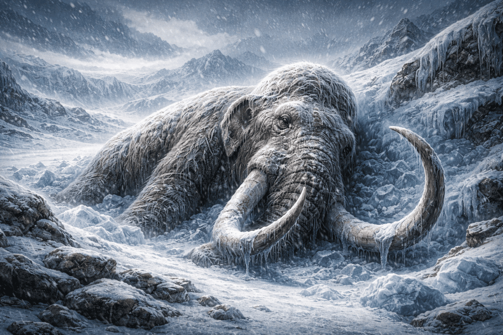 Mamut lanudo en la tundra siberiana durante la era del hielo