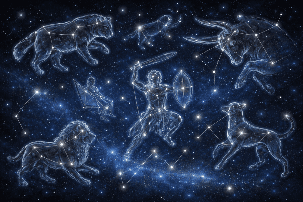 Mapa estelar con las principales constelaciones del cielo nocturno