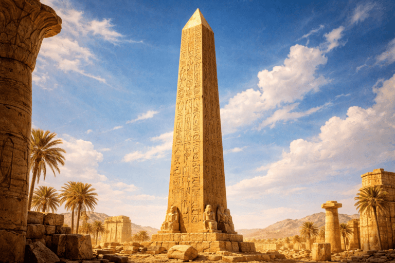Obelisco egipcio con jeroglíficos tallados en granito