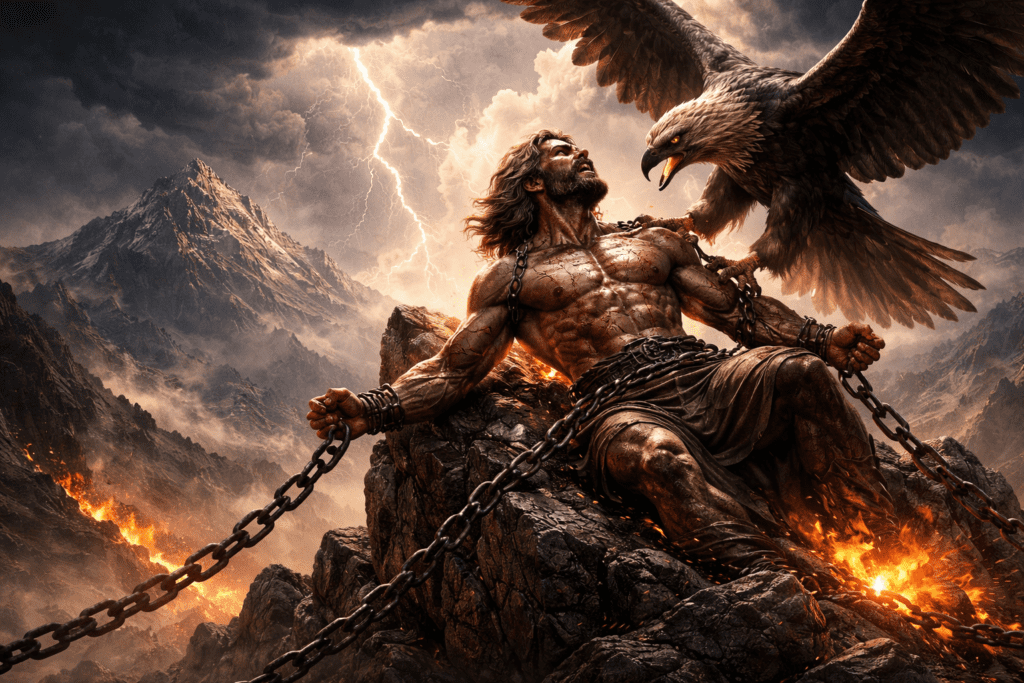Prometeo encadenado a la roca por haber robado el fuego a los dioses