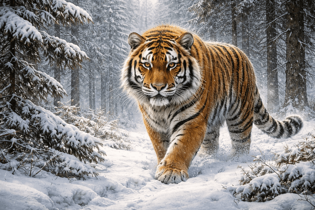 Tigre siberiano o Tigre de Amur en su hábitat natural nevado